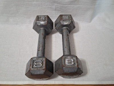 8 lb DUMBBELLS PAIR Cast IRON Steel HEX DUMBBELLS Hand WEIGHTS 16 LBS TOTAL Used