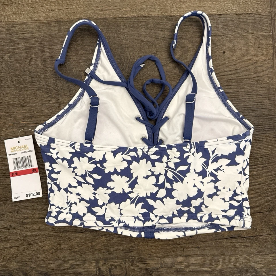 Top corto Michael Kors bikini monótono floral con cordones, cambray, XS NUEVO CON ETIQUETAS $102 Foto 2 de 4