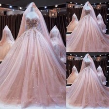 Pink Wedding Dresses Strapless Sweep Train Sequin Glitter Elegant Bridal Gowns
