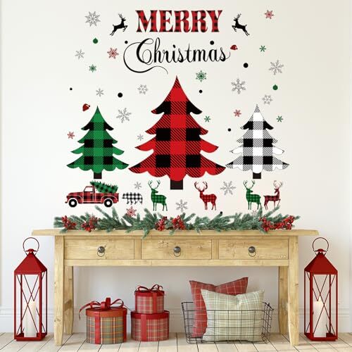 Christmas Wall Sticker Christmas Trees Window Clings Rustic Red Green Plaid
