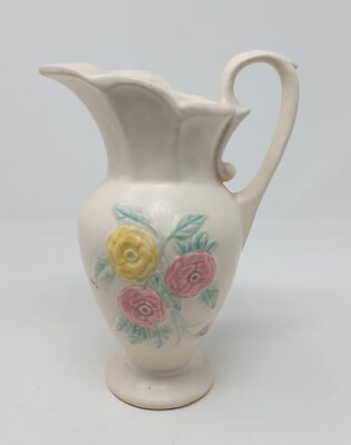 Vintage Hull Art Pottery Off-white Pitcher with Pink and Yellow Camellias MCM