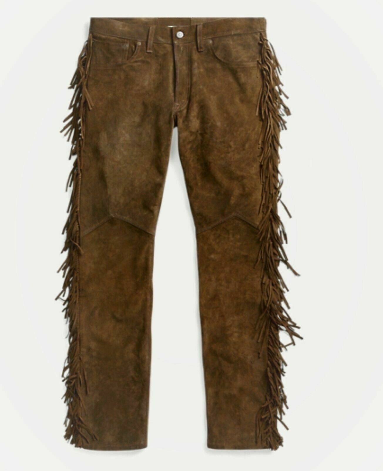 Men Native American Brown Cowboy Suede Leather Western Pants With Fringes