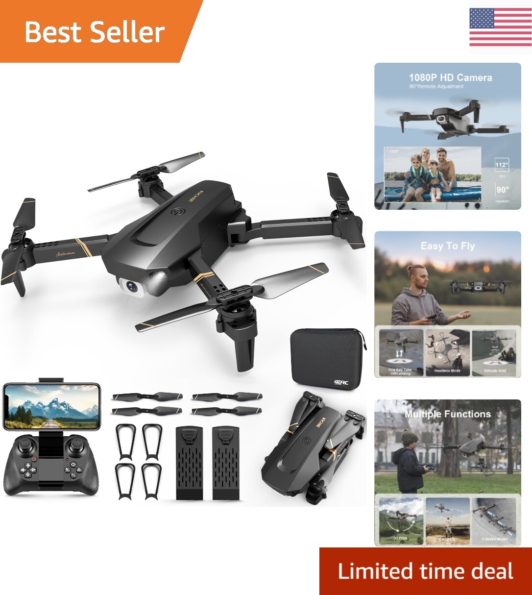 Foldable 1080P HD Drone with Altitude Hold 3D Flip Headless Mode Includes 2 Batteries & Carrying Case-image