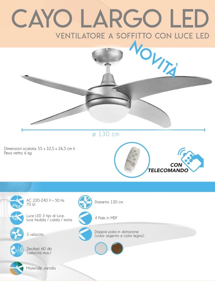 Ventilatore da Soffitto con Luce e Telecomando Luci a LED PALE ev084 3 Velocita' - Immagine 3 di 4