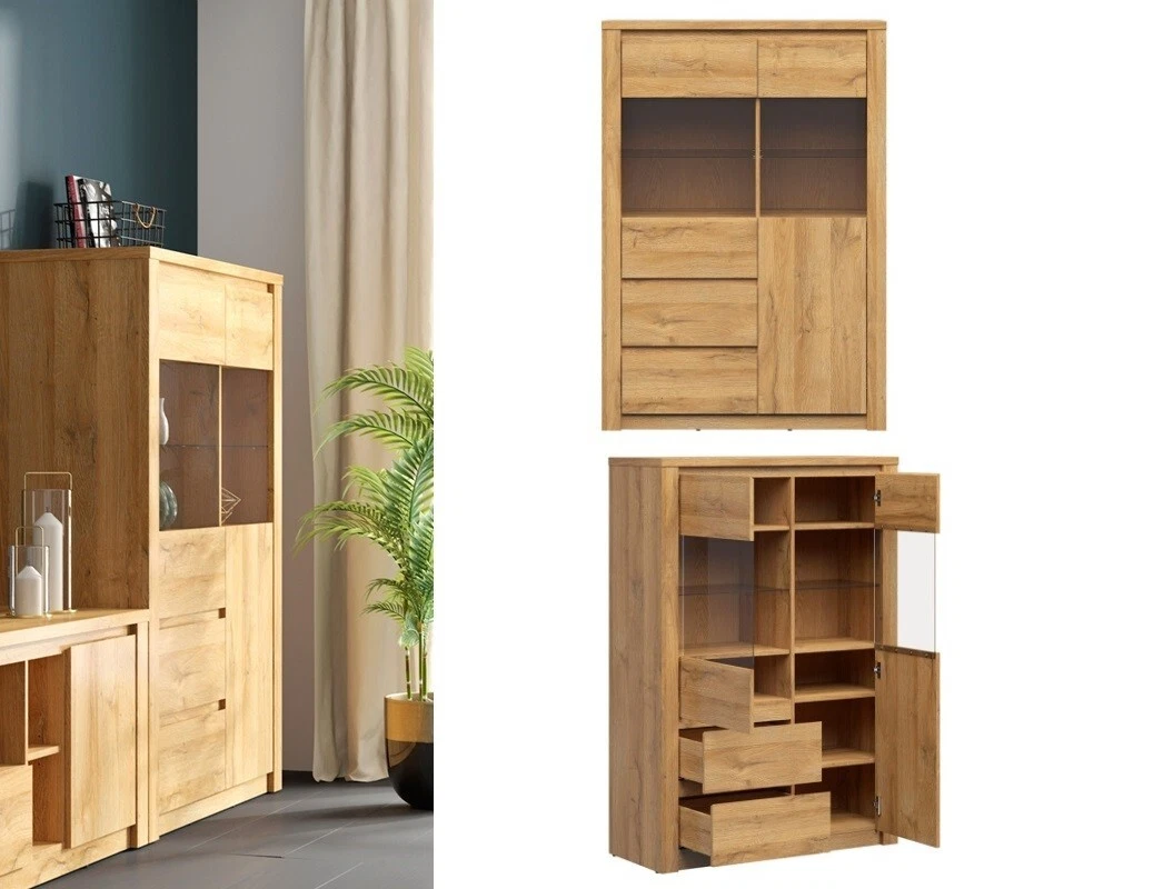 Glass Display Cabinet Wide Glazed Unit 2 Drawer Oak Effect Scandi Walton