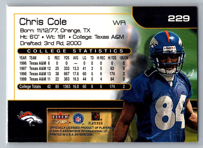 2000 FLEER SKYBOX CARD # 229 Chris Cole - Denver Broncos | eBay