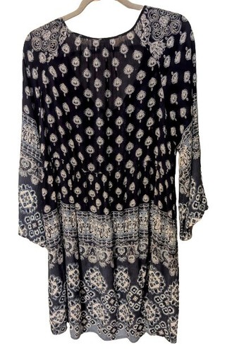 Altar'd State Boho Blue Dress Tunic Navy Print Flowy Lng Slv Med Lined Free Ship - Picture 9 of 16
