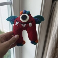 Handmade MUNCH Monster Tooth Fairy Pillow Red Plush with Wings