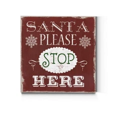 Santa Please Stop Here Wall Art, Cute Christmas Winter Artwork, Festive Red &...