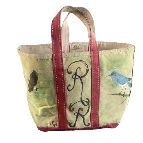 Vintage 80’s LL Bean Boat and Tote Bag Hand Painted Birds Canvas Monogram Art - Bild 4 von 15