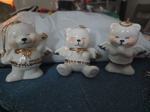 3 Porcelain Angel Teddy Bear White Gold Christmas Ornaments