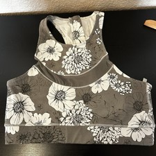 Mono B Zip Back Sports Bra Grey-brown White Floral Medium Women s Racerback