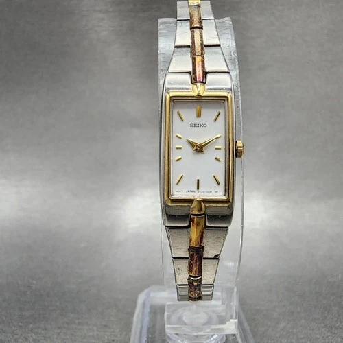 Seiko Tank Watch Women 13mm White Dial two Tone Rectangle 2E20-0AY0 New Battery