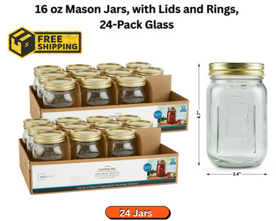 Regular Mouth 16 Oz Mason Jars 24Pk, Pint Canning Jars and Lids, Bulk Glass Jars