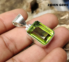925 Sterling Silver Lab Created Peridot Pendant Emerald Cut Bright Green Stone