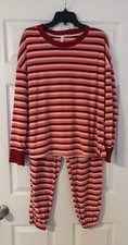 Joyspun Velour Women  s Striped 2-piece Sleep Set Pajamas Large 12-14 Pink/Red