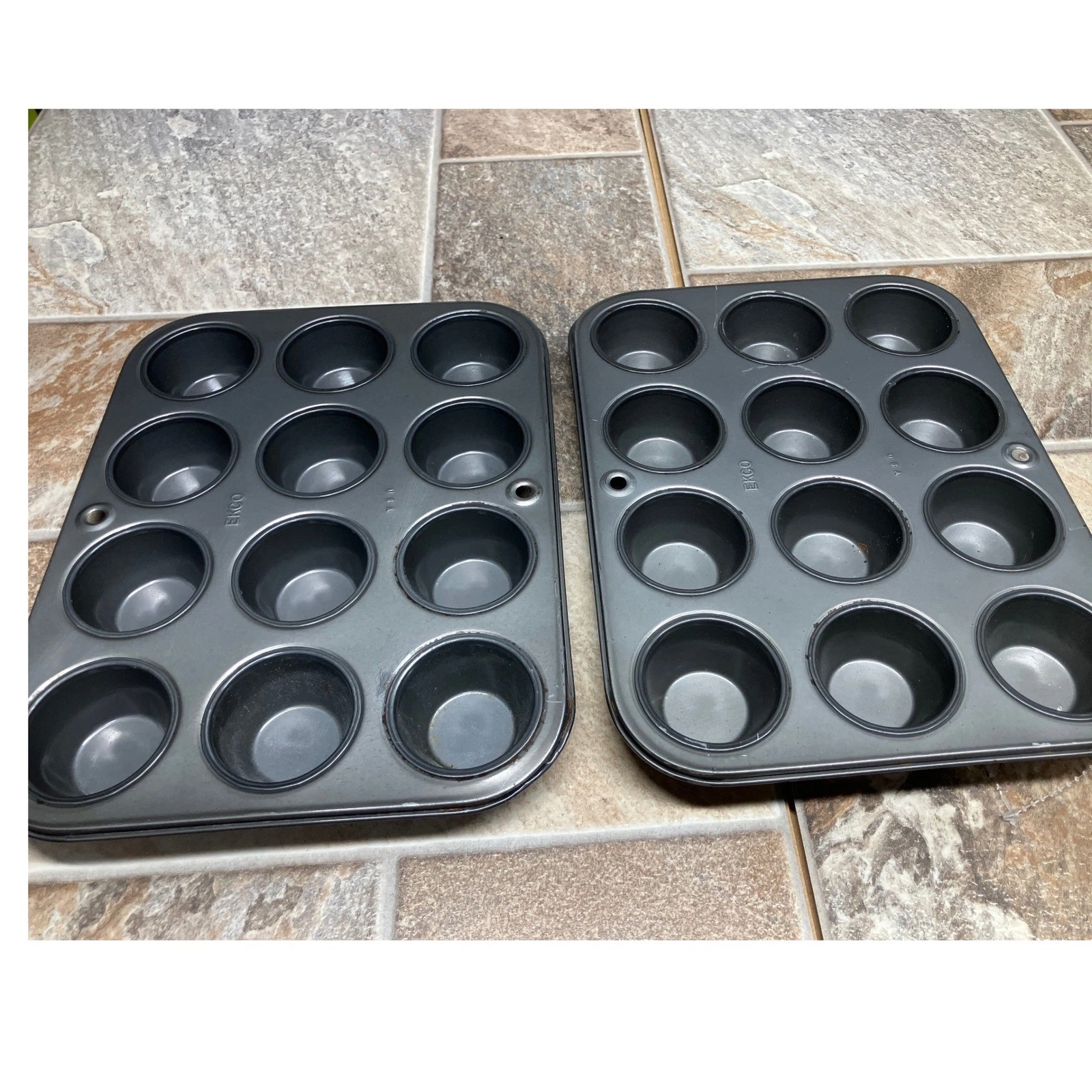 EKCO 12 Cup Muffin Pan Set of 2 Gray Metal Cupcake Baking Tins Made in USA