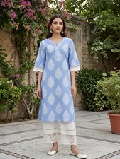 Indian Women Bollywood Blue Cotton Ethnic Motifs Printed Kurta Kurti Top Tunic