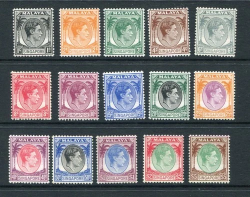 SINGAPORE 1948-52 KGVI SG1/15 perf 14 MH Set to $5 15 Stamps cat £180