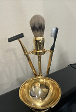 Vintage Brass Shaving Stand Bowl Set With Razor and Brush