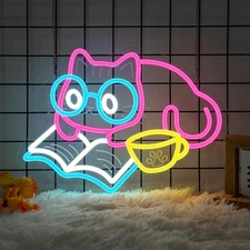 Cat Reading Book Neon Sign, Adorable Cat Neon Light for Bookstore Library Cla...