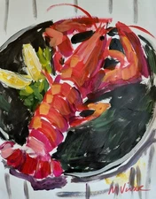 MONA VIVAR Original 14x11 Colorful Lobster Kitchen Impressionism Art Painting