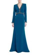 Badgley Mischka sz 4 Teal Modest Embellished Mock Neck Collar Gown $1,265 MOB