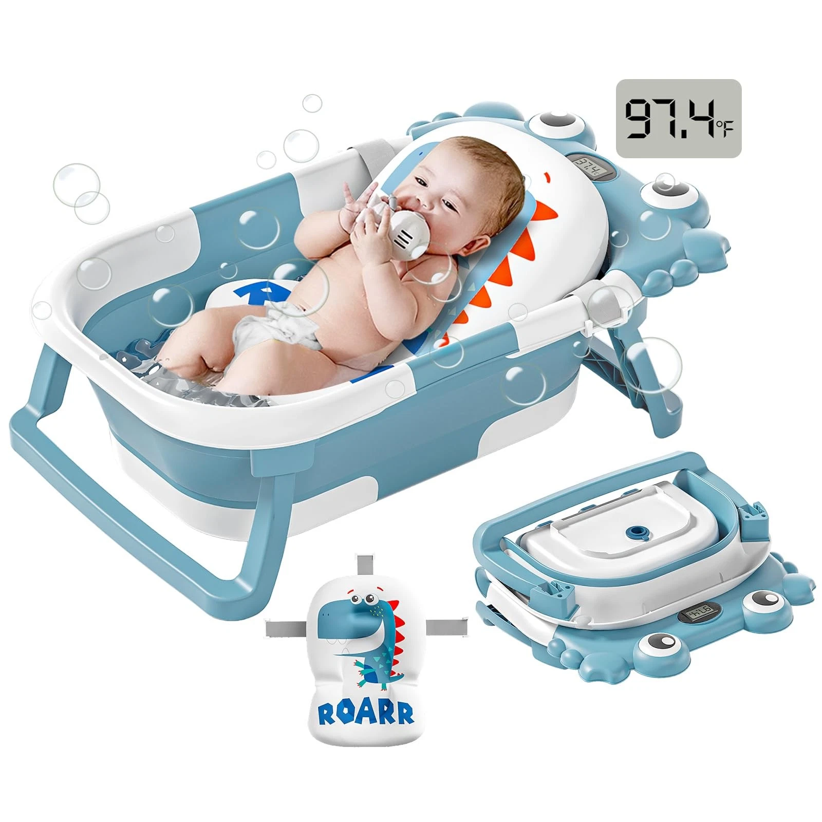 Collapsible Baby Bathtub for Newborns to Toddler with Real-time Light Blue