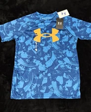 NWT Under Armour Tech Big Logo Printed Boys' Short Sleeve Shirt~Blue~Youth Large