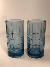 Set of 2 Vintage Anchor Hocking Blue Tartan Tall Glass Tumblers 6.25"