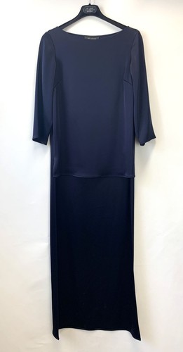 NEW ST. JOHN Navy Satin Long Train Gown Long 3/4 Sleeve Top Petite Blouse 2 4 - Picture 6 of 10