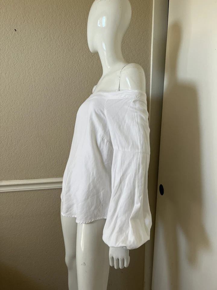 Blusa Campesina FLOREAT ANTHROPOLOGIE Blanco Brillante Lino Hombro Descubierto Talla EE. UU. 8 Foto 3 de 4