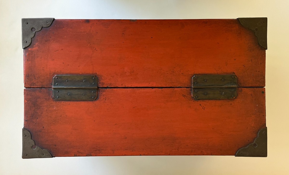 Rare Antique Japanese/ Korean Red Lacquered Sewing Box with