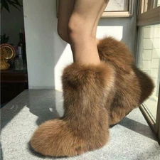 Womens 100% genuine real Fox fur snow boots winter warm flat heel Chic shoes