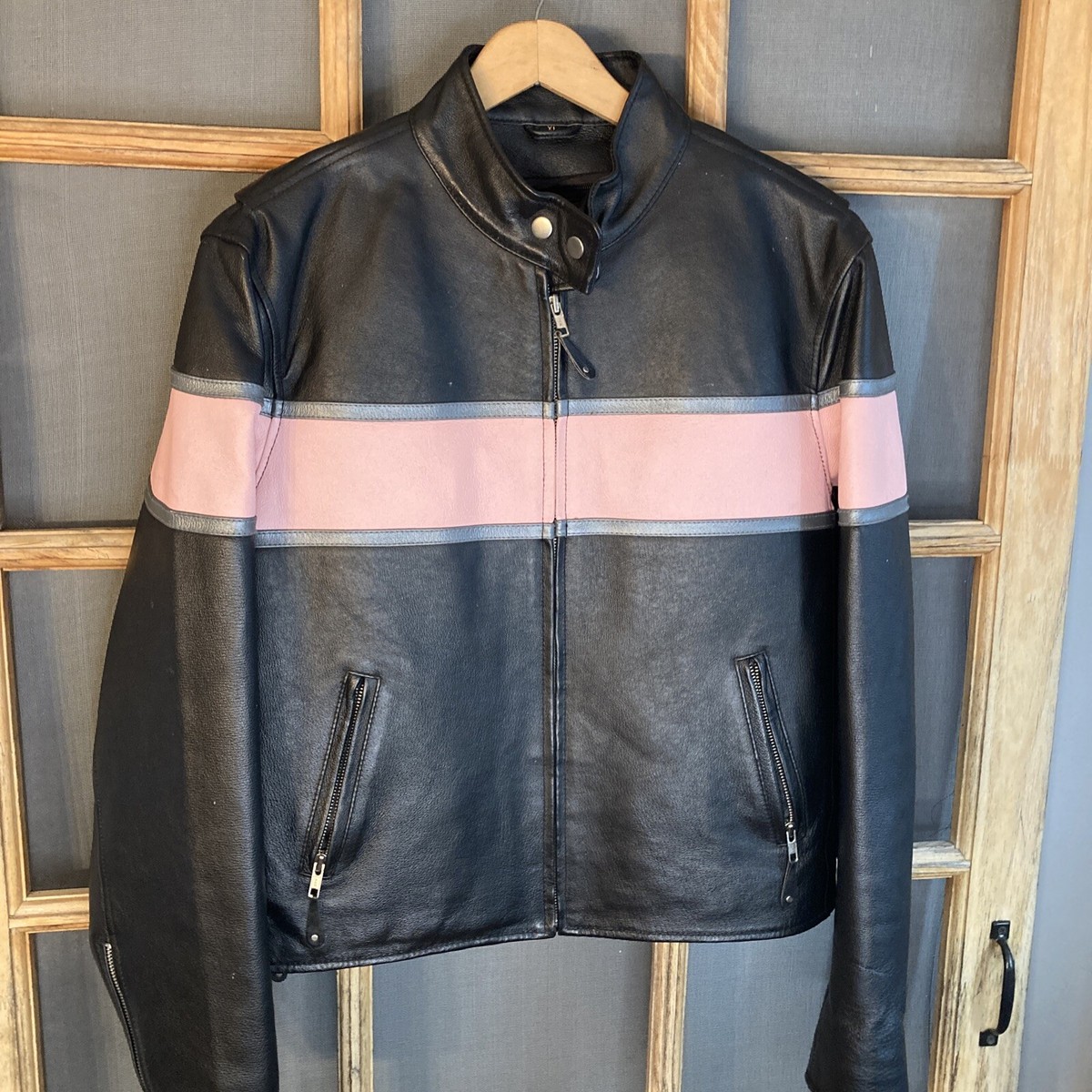 Hot Leathers Women's Biker Jacket Sz XL, Large Pink Band, Quilted