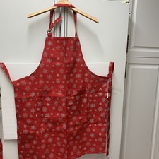 Red Christmas Apron with Snowflakes, 2 Front Pockets  Adjustable Neck Strap