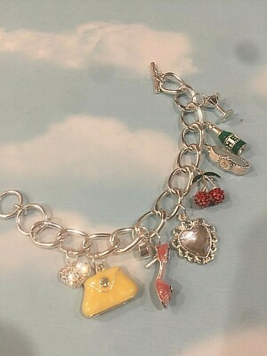 LADY GOOD TIME ACCESSORY SILVER BIG CHARM BRACELET Purse Shoe Cocktail Champagne