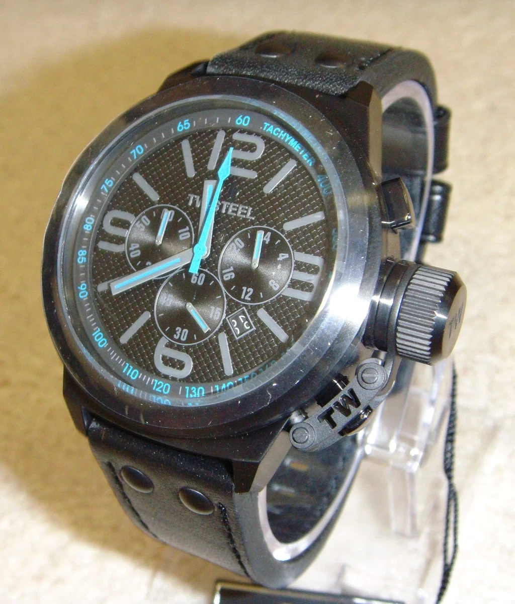 TW Steel Canteen Chronograph Black Dial Black Leather Strap Men s