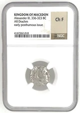 Kingdom of Macedon Alexander III 336-323 BC AR Drachm NGC CH F Early Posthumous