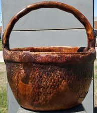 Huge Antique Chinese Willow Basket w/ Tree Branch handle and Iron Brackets