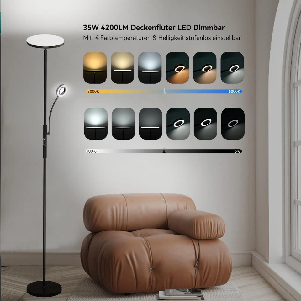 35W LED Stehleuchte Rund Deckenfluter Stehlampe Dimmbar Leselampe Schlafzimmer - Bild 2 von 4