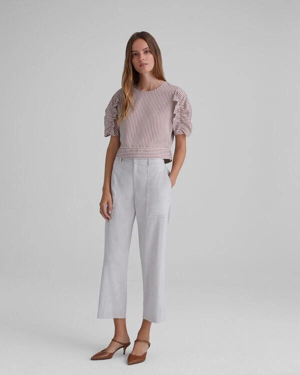 Club Monaco Cropped Ruffle Listrado Top Preppy Carreira Traje de Negócios Dinheiro Antigo - Imagem 4 de 4