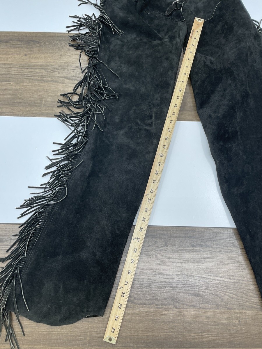 VINTAGE Suede Leather Size LG Chaps Tassels Fringe Black VINTAGE Suede Leather Size LG Chaps Tassels Fringe Black