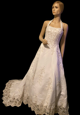 Davids Bridal Michaelangelo White Halter A-Line Gown Beaded Lace Dress 4 NWT