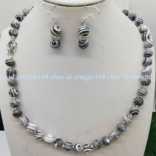 Pretty 10mm Black White Striped Turquoise Round Gemstone Necklace Earrings Set - Picture 8 of 12