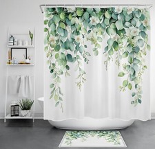 Plant White Flower Green Leaf Eucalyptus Shower Curtain Set for Bathroom Decor