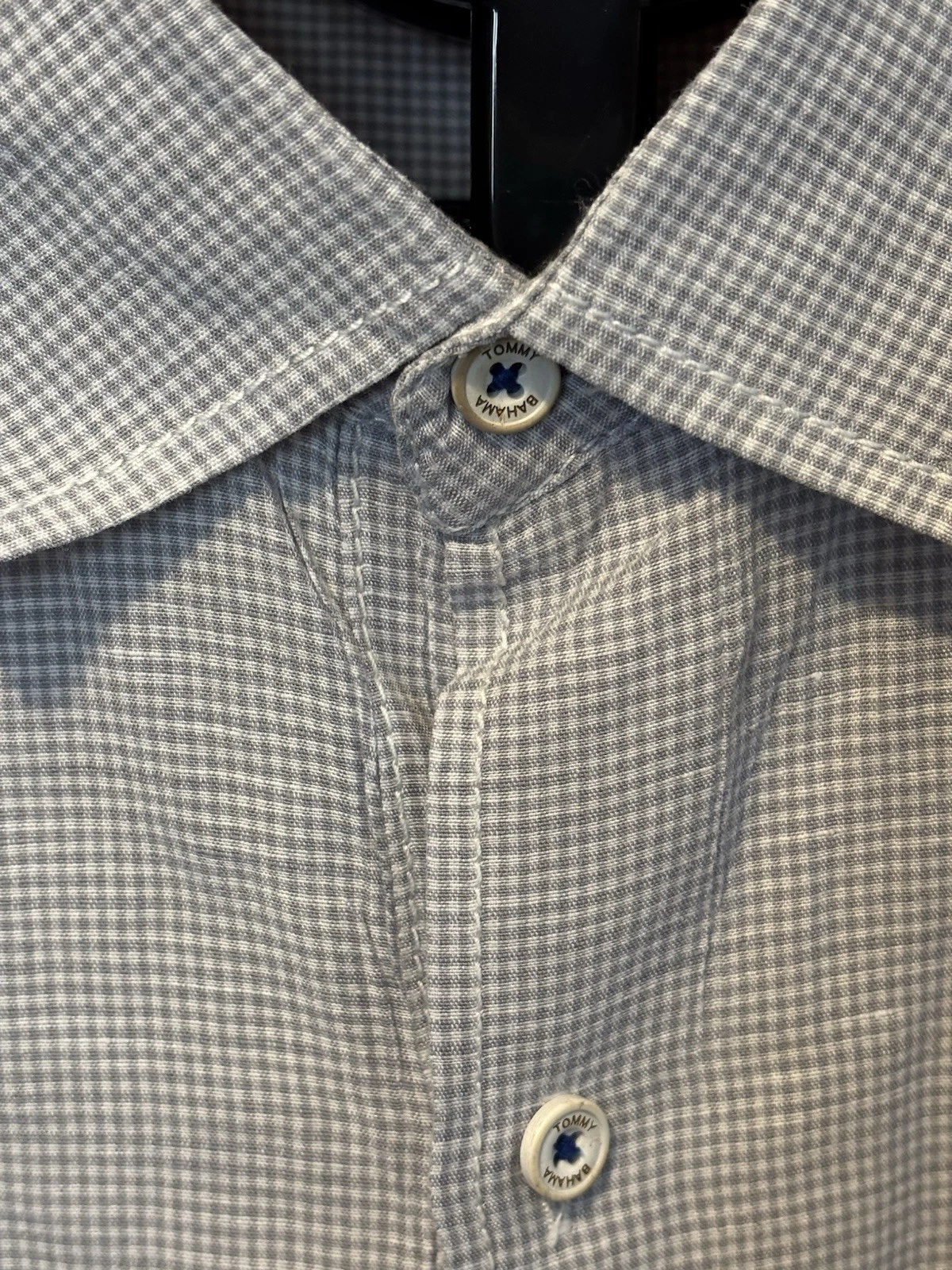 Tommy Bahama Shirt Mens L Gray Checked Linen Button Up Short Sleeve Casual Beach