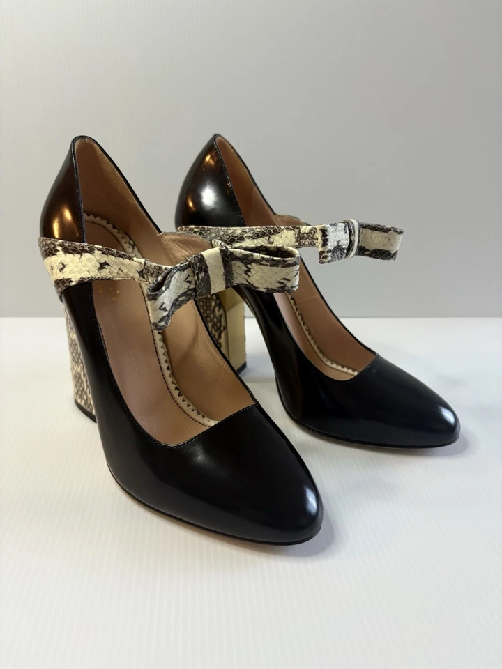 GUCCI Nimue Bow Polished Leather Pumps Heel Size 39/8 US -Black EUC - Image 4 of 4