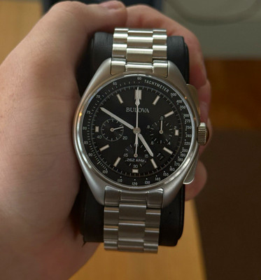 Bulova Lunar Pilot Quartz Chronograph Date Tachymeter Black Dial - 96B258