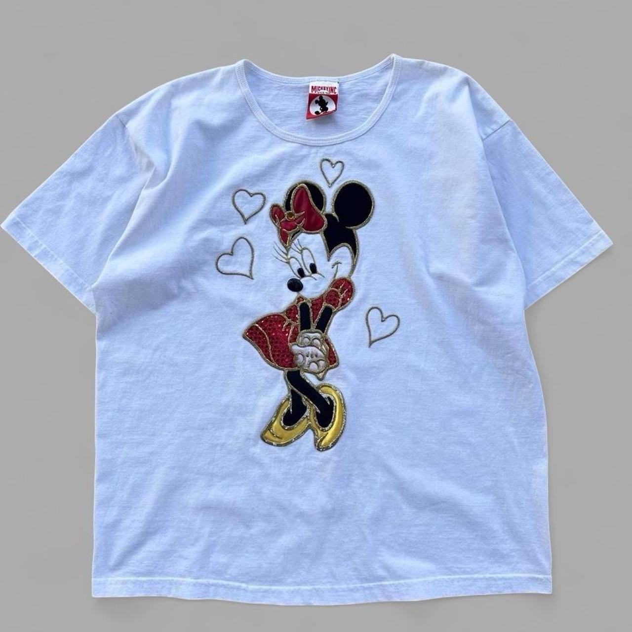 Vintage 90s Disney Minnie Mouse white t-shirt with gold glitter and red bow